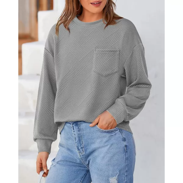 BTFBM Womens Casual Textured Sweatshirts 2024 Fall Winter Long Sleeve Drop Shoulder Crew Neck Pullover Tops with PocketGrey