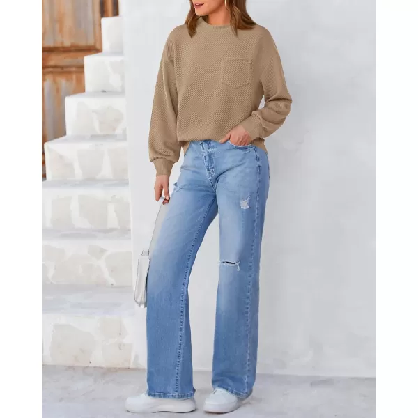 BTFBM Womens Casual Textured Sweatshirts 2024 Fall Winter Long Sleeve Drop Shoulder Crew Neck Pullover Tops with PocketKhaki
