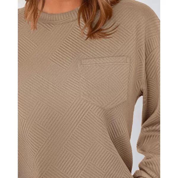 BTFBM Womens Casual Textured Sweatshirts 2024 Fall Winter Long Sleeve Drop Shoulder Crew Neck Pullover Tops with PocketKhaki