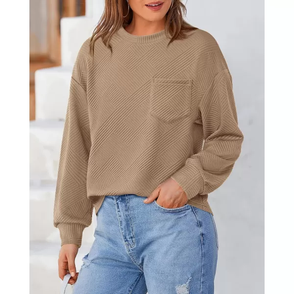 BTFBM Womens Casual Textured Sweatshirts 2024 Fall Winter Long Sleeve Drop Shoulder Crew Neck Pullover Tops with PocketKhaki