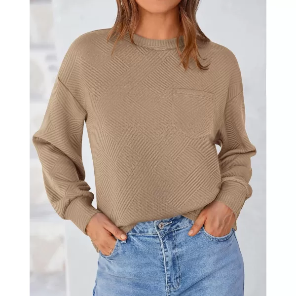 BTFBM Womens Casual Textured Sweatshirts 2024 Fall Winter Long Sleeve Drop Shoulder Crew Neck Pullover Tops with PocketKhaki