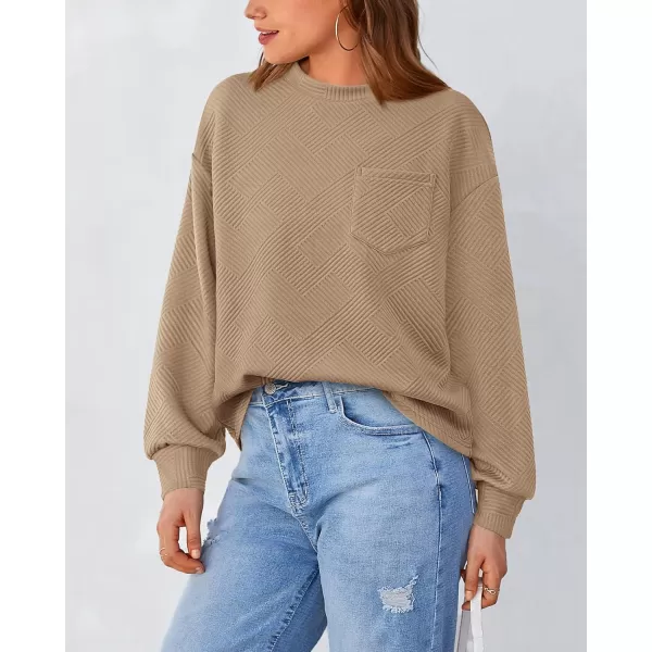 BTFBM Womens Casual Textured Sweatshirts 2024 Fall Winter Long Sleeve Drop Shoulder Crew Neck Pullover Tops with PocketKhaki