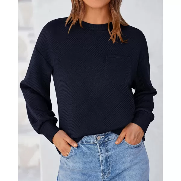 BTFBM Womens Casual Textured Sweatshirts 2024 Fall Winter Long Sleeve Drop Shoulder Crew Neck Pullover Tops with PocketNavy