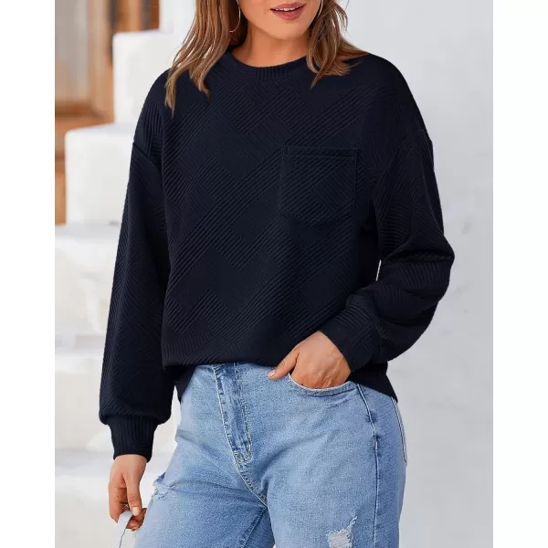 BTFBM Womens Casual Textured Sweatshirts 2024 Fall Winter Long Sleeve Drop Shoulder Crew Neck Pullover Tops with PocketNavy