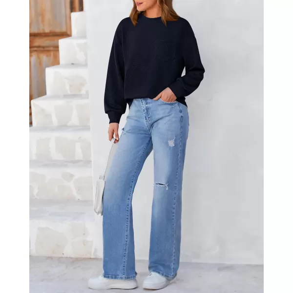 BTFBM Womens Casual Textured Sweatshirts 2024 Fall Winter Long Sleeve Drop Shoulder Crew Neck Pullover Tops with PocketNavy