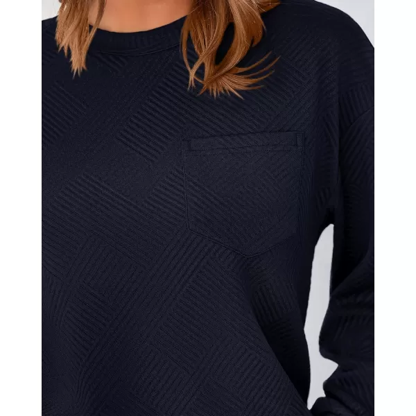 BTFBM Womens Casual Textured Sweatshirts 2024 Fall Winter Long Sleeve Drop Shoulder Crew Neck Pullover Tops with PocketNavy