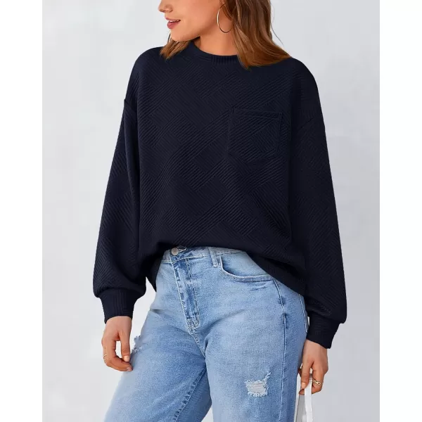 BTFBM Womens Casual Textured Sweatshirts 2024 Fall Winter Long Sleeve Drop Shoulder Crew Neck Pullover Tops with PocketNavy