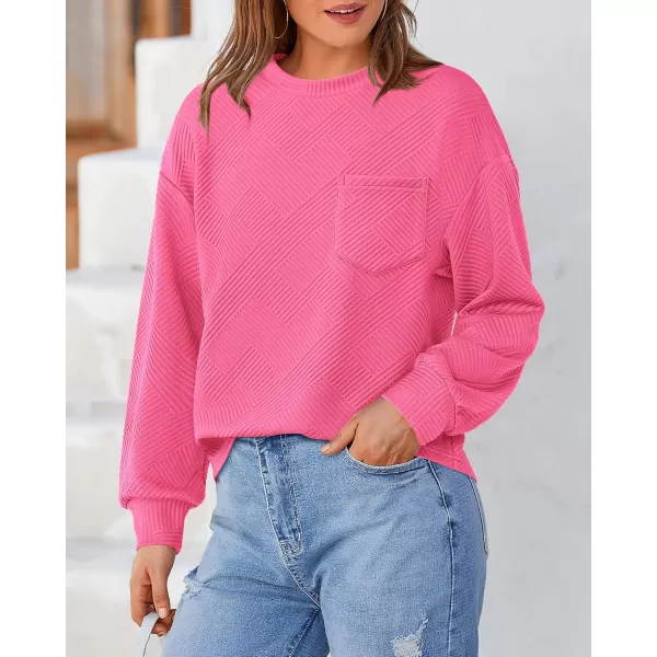 BTFBM Womens Casual Textured Sweatshirts 2024 Fall Winter Long Sleeve Drop Shoulder Crew Neck Pullover Tops with PocketRose Red