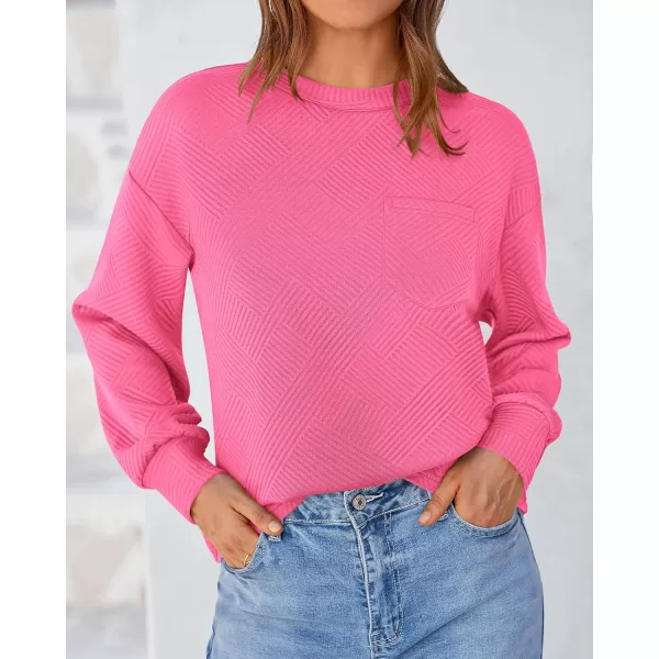BTFBM Womens Casual Textured Sweatshirts 2024 Fall Winter Long Sleeve Drop Shoulder Crew Neck Pullover Tops with PocketRose Red