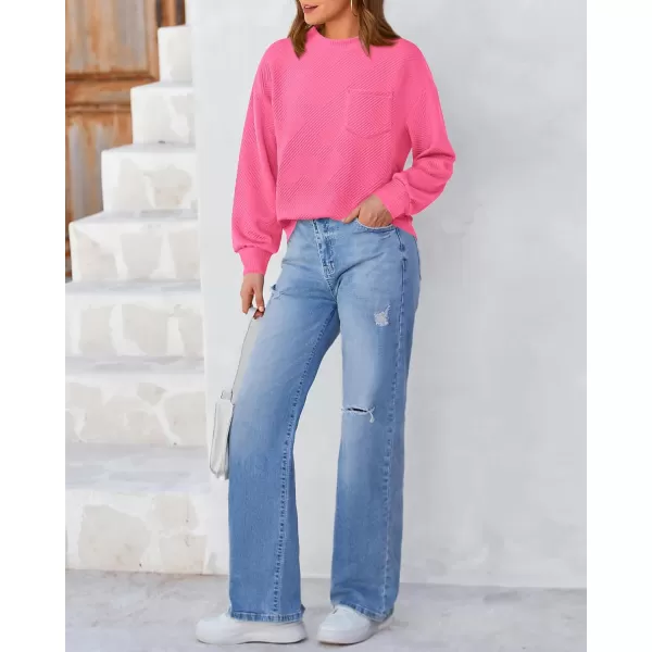 BTFBM Womens Casual Textured Sweatshirts 2024 Fall Winter Long Sleeve Drop Shoulder Crew Neck Pullover Tops with PocketRose Red