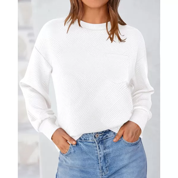 BTFBM Womens Casual Textured Sweatshirts 2024 Fall Winter Long Sleeve Drop Shoulder Crew Neck Pullover Tops with PocketWhite