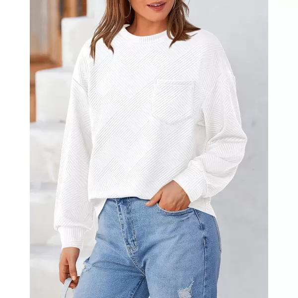 BTFBM Womens Casual Textured Sweatshirts 2024 Fall Winter Long Sleeve Drop Shoulder Crew Neck Pullover Tops with PocketWhite