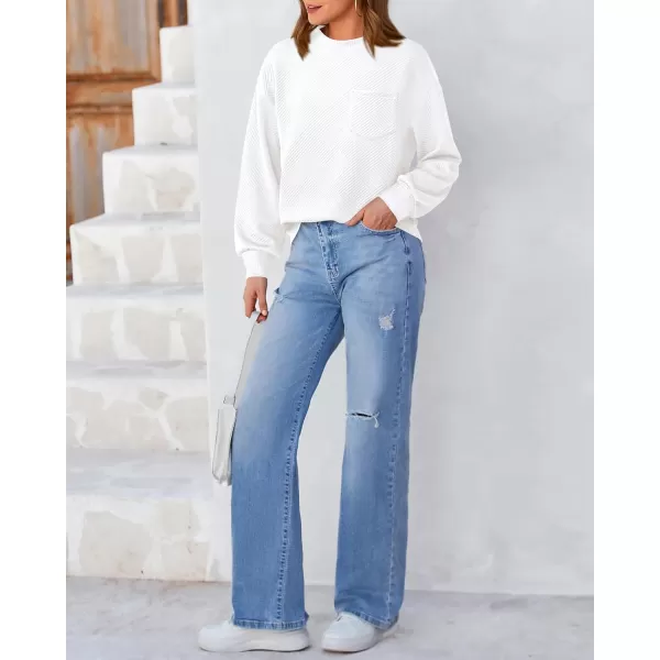 BTFBM Womens Casual Textured Sweatshirts 2024 Fall Winter Long Sleeve Drop Shoulder Crew Neck Pullover Tops with PocketWhite