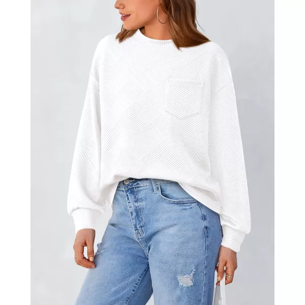 BTFBM Womens Casual Textured Sweatshirts 2024 Fall Winter Long Sleeve Drop Shoulder Crew Neck Pullover Tops with PocketWhite