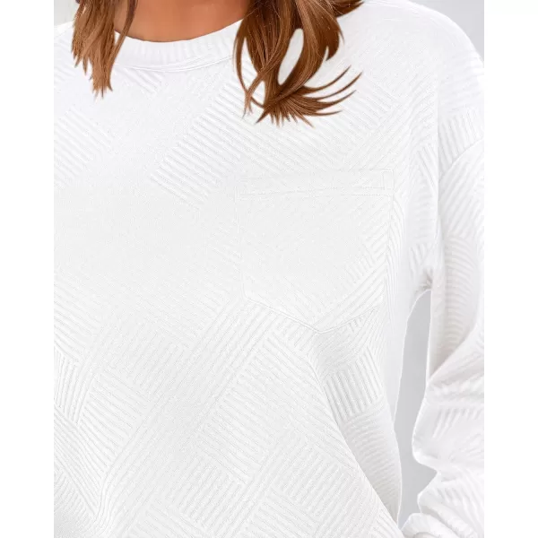 BTFBM Womens Casual Textured Sweatshirts 2024 Fall Winter Long Sleeve Drop Shoulder Crew Neck Pullover Tops with PocketWhite