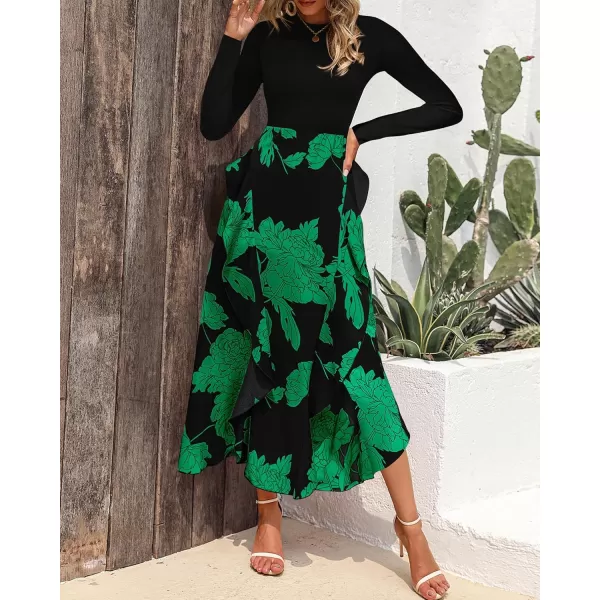 BTFBM Womens Fall Fashion 2024 Floral Maxi Dress Casual Crewneck Long Sleeve Ruffle Flowy Cocktail Wedding Guest DressesBig Floral Green