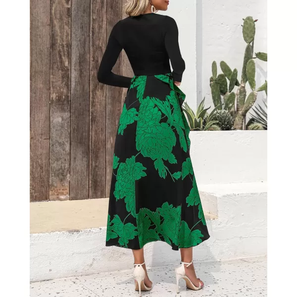 BTFBM Womens Fall Fashion 2024 Floral Maxi Dress Casual Crewneck Long Sleeve Ruffle Flowy Cocktail Wedding Guest DressesBig Floral Green