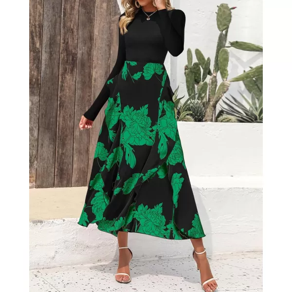 BTFBM Womens Fall Fashion 2024 Floral Maxi Dress Casual Crewneck Long Sleeve Ruffle Flowy Cocktail Wedding Guest DressesBig Floral Green