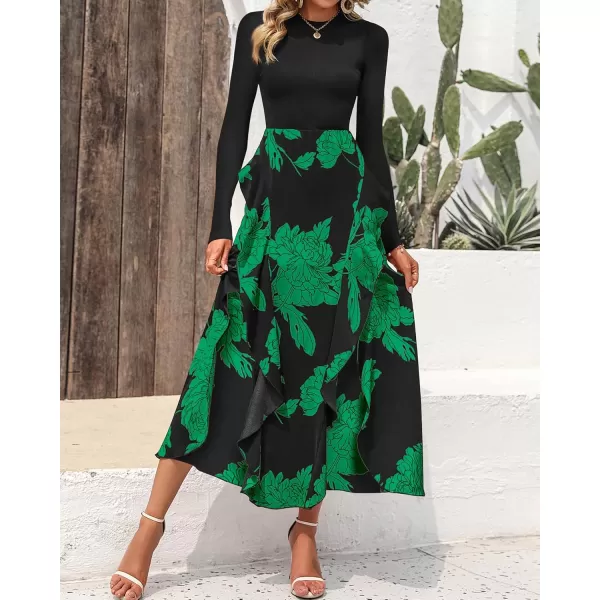 BTFBM Womens Fall Fashion 2024 Floral Maxi Dress Casual Crewneck Long Sleeve Ruffle Flowy Cocktail Wedding Guest DressesBig Floral Green
