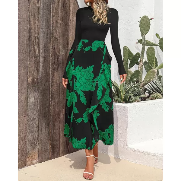 BTFBM Womens Fall Fashion 2024 Floral Maxi Dress Casual Crewneck Long Sleeve Ruffle Flowy Cocktail Wedding Guest DressesBig Floral Green