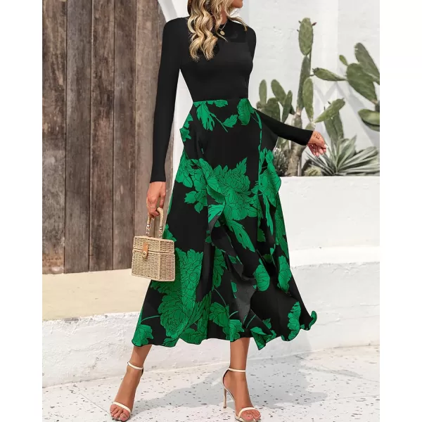 BTFBM Womens Fall Fashion 2024 Floral Maxi Dress Casual Crewneck Long Sleeve Ruffle Flowy Cocktail Wedding Guest DressesBig Floral Green