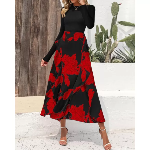 BTFBM Womens Fall Fashion 2024 Floral Maxi Dress Casual Crewneck Long Sleeve Ruffle Flowy Cocktail Wedding Guest DressesBig Floral Red
