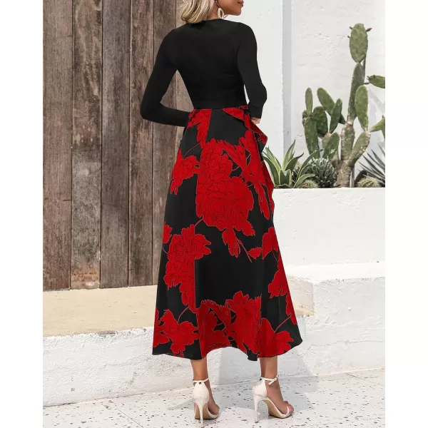 BTFBM Womens Fall Fashion 2024 Floral Maxi Dress Casual Crewneck Long Sleeve Ruffle Flowy Cocktail Wedding Guest DressesBig Floral Red