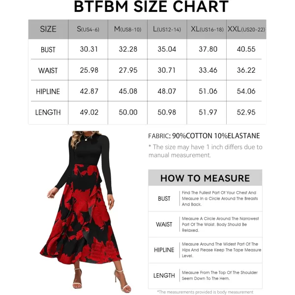 BTFBM Womens Fall Fashion 2024 Floral Maxi Dress Casual Crewneck Long Sleeve Ruffle Flowy Cocktail Wedding Guest DressesBig Floral Red