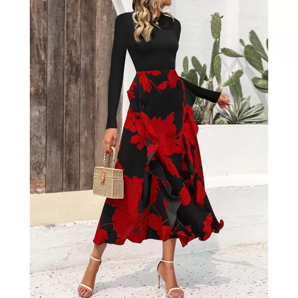 BTFBM Womens Fall Fashion 2024 Floral Maxi Dress Casual Crewneck Long Sleeve Ruffle Flowy Cocktail Wedding Guest DressesBig Floral Red