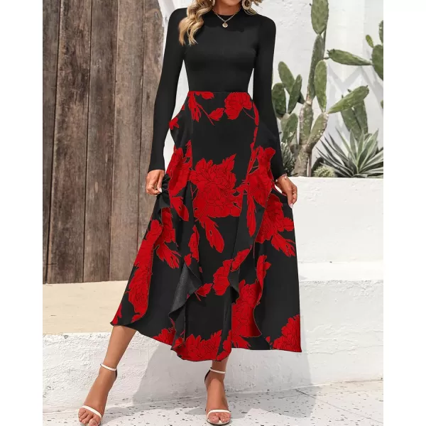 BTFBM Womens Fall Fashion 2024 Floral Maxi Dress Casual Crewneck Long Sleeve Ruffle Flowy Cocktail Wedding Guest DressesBig Floral Red