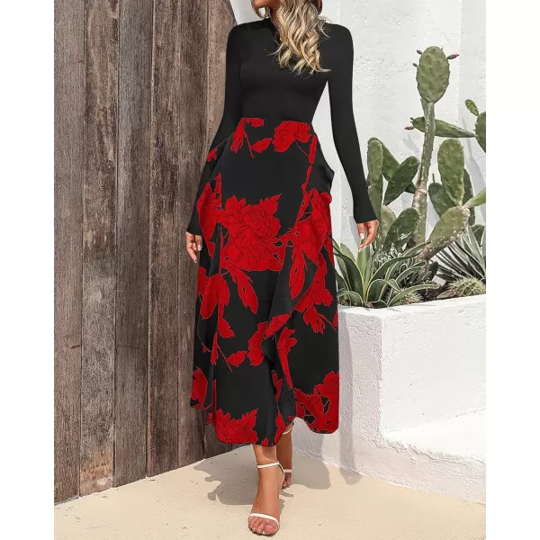 BTFBM Womens Fall Fashion 2024 Floral Maxi Dress Casual Crewneck Long Sleeve Ruffle Flowy Cocktail Wedding Guest DressesBig Floral Red