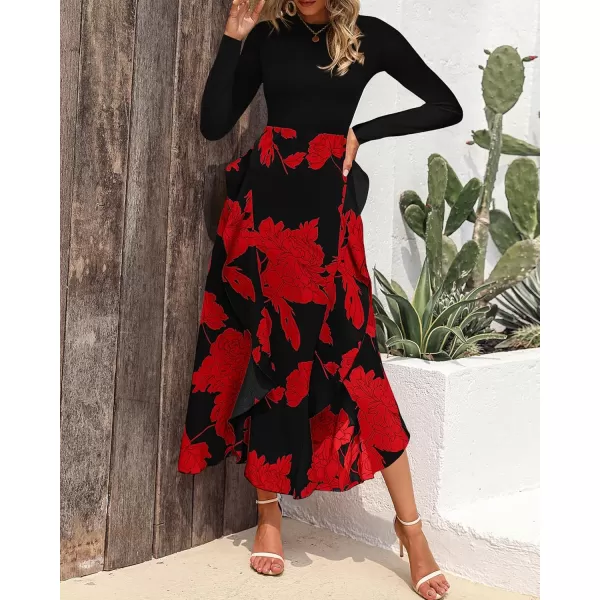 BTFBM Womens Fall Fashion 2024 Floral Maxi Dress Casual Crewneck Long Sleeve Ruffle Flowy Cocktail Wedding Guest DressesBig Floral Red
