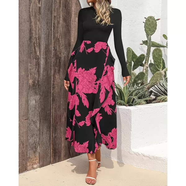 BTFBM Womens Fall Fashion 2024 Floral Maxi Dress Casual Crewneck Long Sleeve Ruffle Flowy Cocktail Wedding Guest DressesBig Floral Rose Red