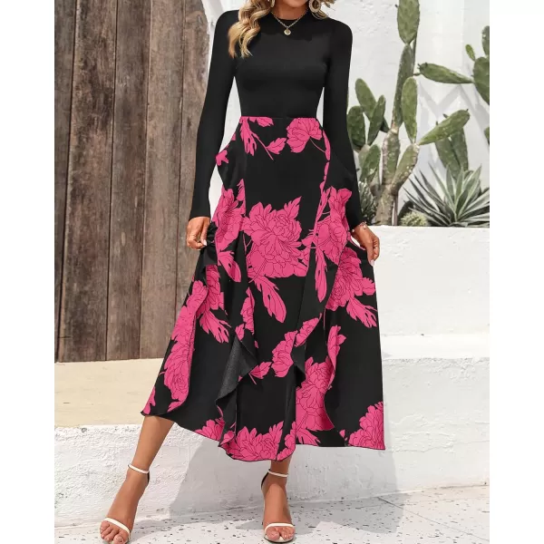 BTFBM Womens Fall Fashion 2024 Floral Maxi Dress Casual Crewneck Long Sleeve Ruffle Flowy Cocktail Wedding Guest DressesBig Floral Rose Red