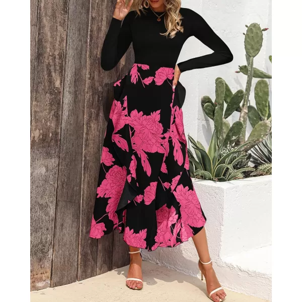 BTFBM Womens Fall Fashion 2024 Floral Maxi Dress Casual Crewneck Long Sleeve Ruffle Flowy Cocktail Wedding Guest DressesBig Floral Rose Red