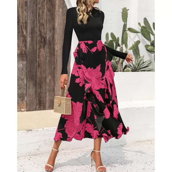 BTFBM Womens Fall Fashion 2024 Floral Maxi Dress Casual Crewneck Long Sleeve Ruffle Flowy Cocktail Wedding Guest DressesBig Floral Rose Red
