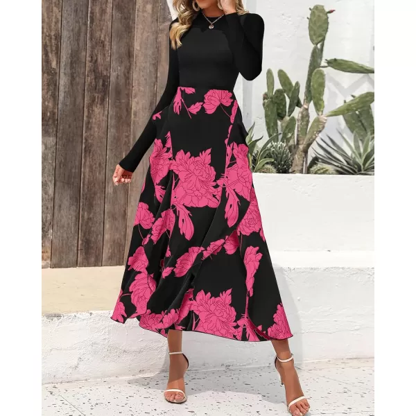 BTFBM Womens Fall Fashion 2024 Floral Maxi Dress Casual Crewneck Long Sleeve Ruffle Flowy Cocktail Wedding Guest DressesBig Floral Rose Red