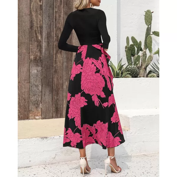 BTFBM Womens Fall Fashion 2024 Floral Maxi Dress Casual Crewneck Long Sleeve Ruffle Flowy Cocktail Wedding Guest DressesBig Floral Rose Red