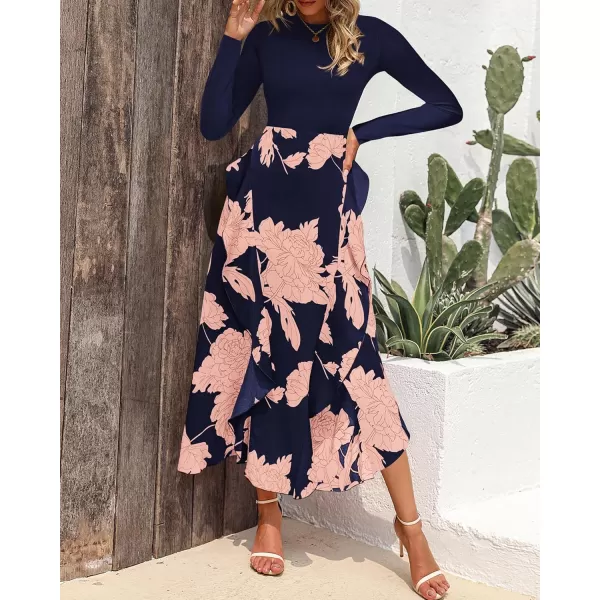 BTFBM Womens Fall Fashion 2024 Floral Maxi Dress Casual Crewneck Long Sleeve Ruffle Flowy Cocktail Wedding Guest DressesPink Floral Navy