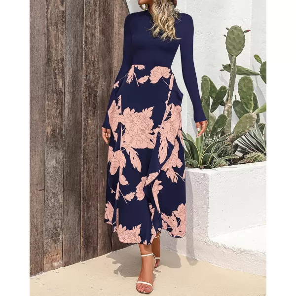 BTFBM Womens Fall Fashion 2024 Floral Maxi Dress Casual Crewneck Long Sleeve Ruffle Flowy Cocktail Wedding Guest DressesPink Floral Navy