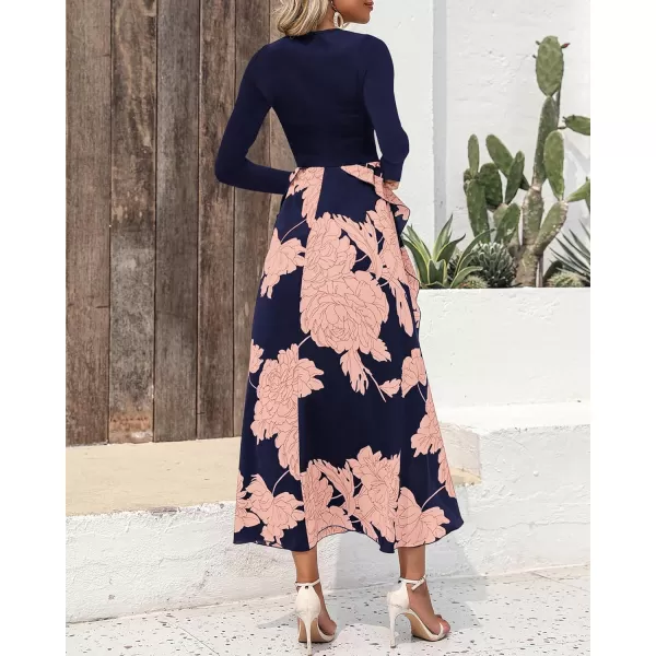 BTFBM Womens Fall Fashion 2024 Floral Maxi Dress Casual Crewneck Long Sleeve Ruffle Flowy Cocktail Wedding Guest DressesPink Floral Navy