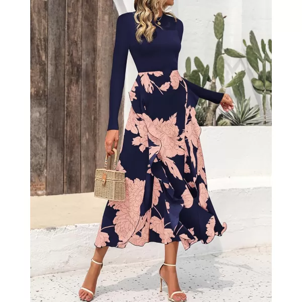 BTFBM Womens Fall Fashion 2024 Floral Maxi Dress Casual Crewneck Long Sleeve Ruffle Flowy Cocktail Wedding Guest DressesPink Floral Navy