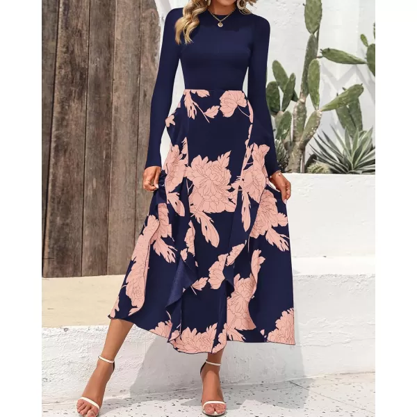 BTFBM Womens Fall Fashion 2024 Floral Maxi Dress Casual Crewneck Long Sleeve Ruffle Flowy Cocktail Wedding Guest DressesPink Floral Navy