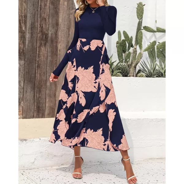 BTFBM Womens Fall Fashion 2024 Floral Maxi Dress Casual Crewneck Long Sleeve Ruffle Flowy Cocktail Wedding Guest DressesPink Floral Navy