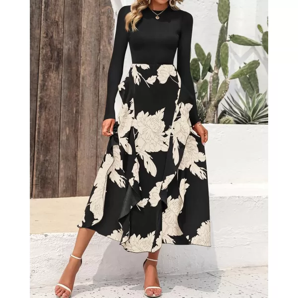BTFBM Womens Fall Fashion 2024 Floral Maxi Dress Casual Crewneck Long Sleeve Ruffle Flowy Cocktail Wedding Guest DressesWhite Floral Black