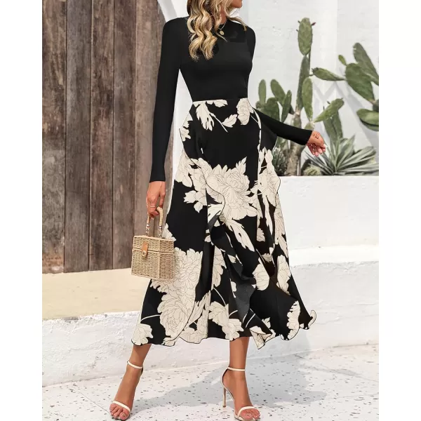 BTFBM Womens Fall Fashion 2024 Floral Maxi Dress Casual Crewneck Long Sleeve Ruffle Flowy Cocktail Wedding Guest DressesWhite Floral Black