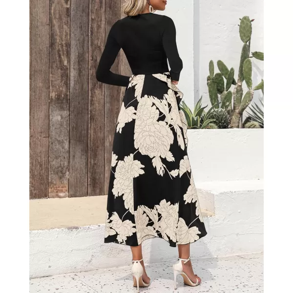 BTFBM Womens Fall Fashion 2024 Floral Maxi Dress Casual Crewneck Long Sleeve Ruffle Flowy Cocktail Wedding Guest DressesWhite Floral Black