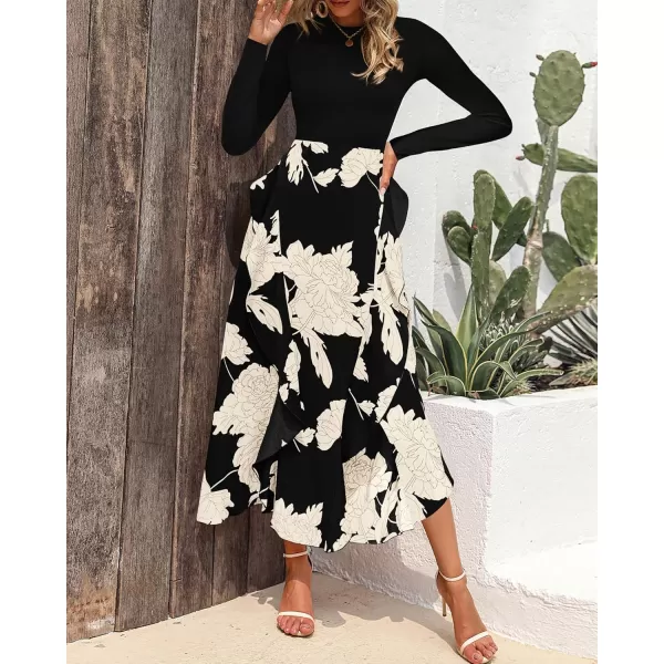 BTFBM Womens Fall Fashion 2024 Floral Maxi Dress Casual Crewneck Long Sleeve Ruffle Flowy Cocktail Wedding Guest DressesWhite Floral Black