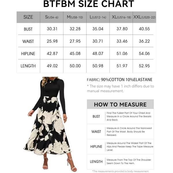 BTFBM Womens Fall Fashion 2024 Floral Maxi Dress Casual Crewneck Long Sleeve Ruffle Flowy Cocktail Wedding Guest DressesWhite Floral Black