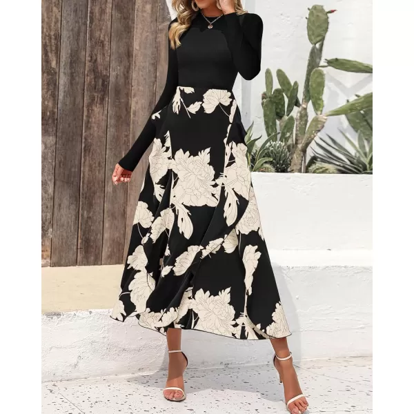 BTFBM Womens Fall Fashion 2024 Floral Maxi Dress Casual Crewneck Long Sleeve Ruffle Flowy Cocktail Wedding Guest DressesWhite Floral Black